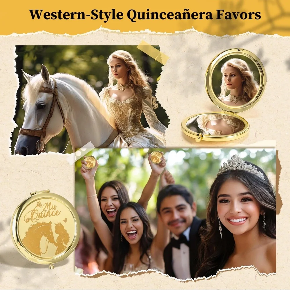 Gold 'Mis Quince' Round Compact Mirror - Set